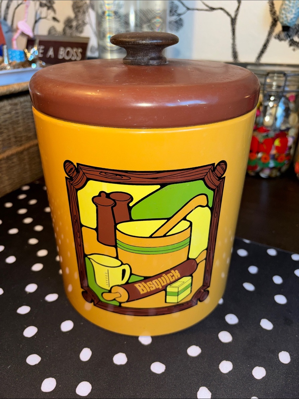 EUC VINTAGE 1970s Ransburg Bisquick metal canister featuring a distinct yellow b